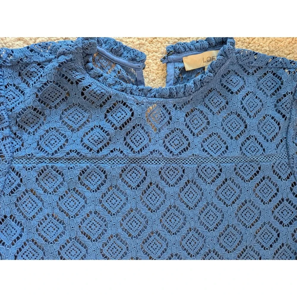 LOFT Royal Blue Geometric Lace Mock Neck Ruffle Trim Short Sleeve Blouse Small